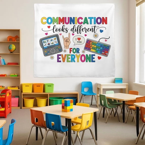 ViciArt Communication Looks Different Tapestry – 30"x40" Polyester Classroom Wall Hanging, Inclusive AAC & ASL Decor