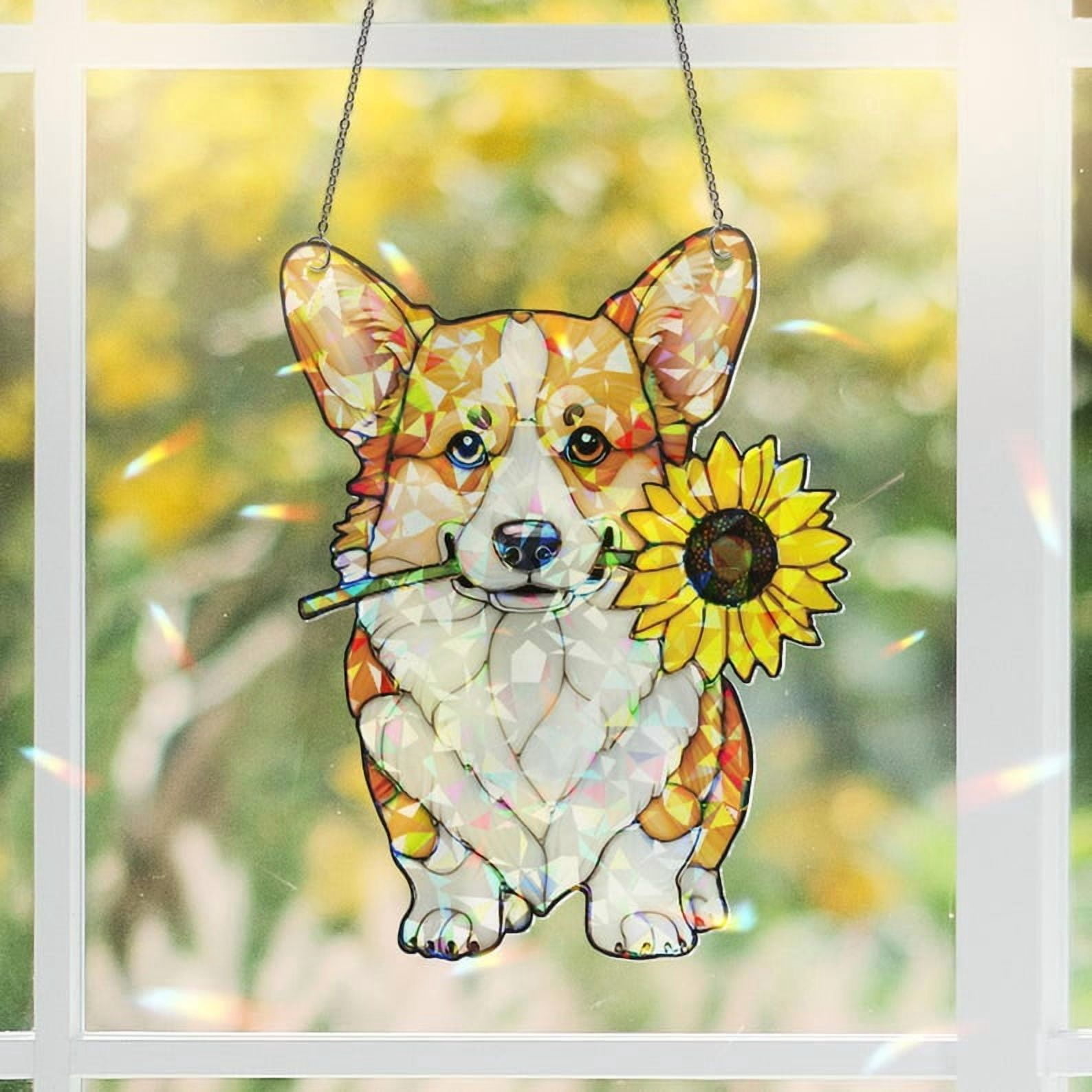 ViciArt Corgi & Sunflower Suncatcher, 4" Holographic Acrylic Window Hanging, Cute Dog Floral Decor