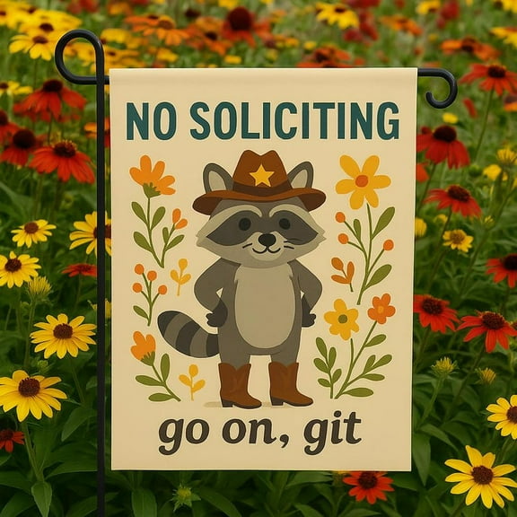 ViciArt Cowboy Raccoon No Soliciting Garden Flag – 12”x18” Rustic Outdoor Decor, Funny Yard Sign