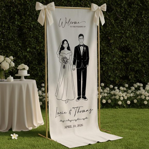 ViciArt Custom Illustrated Fabric Wedding Welcome Sign: Large White Cotton Banner with Couple Portrait