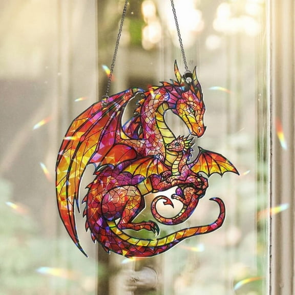 ViciArt Dragon Mom & Baby Acrylic Window Hanging, 4" Hologram Suncatcher, Stained Glass Decor