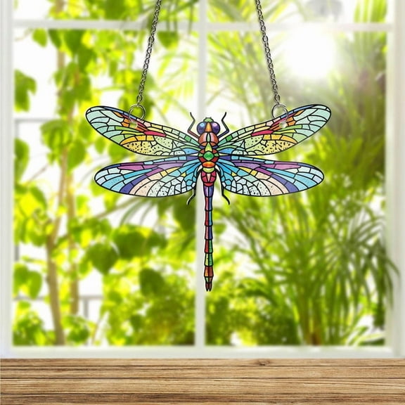ViciArt Dragonfly Acrylic Window Hanging – 4" Faux Stained Glass Colorful Insect Suncatcher Decor