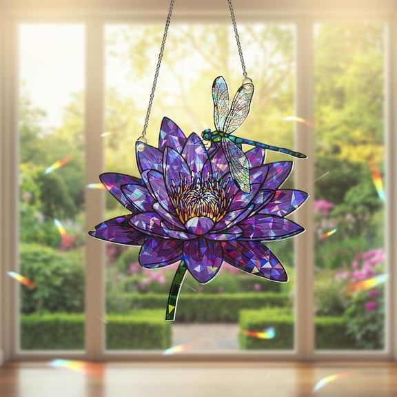 ViciArt Dragonfly Water Lily Suncatcher – 9" Holographic Acrylic Window Hanging, Purple Floral Decor