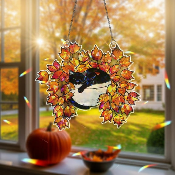 ViciArt Fall Leaves Black Cat Window Hanging, 4" Acrylic Autumn Suncatcher, Black Cat in White Planter, Stained Glass Style Cozy Fall Window Decor