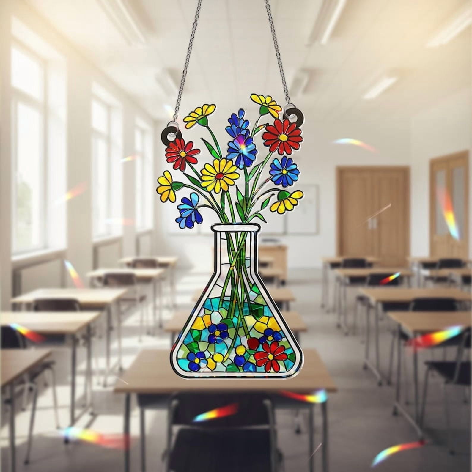 ViciArt Floral Beaker Acrylic Window Hanging – 12" Holographic Suncatcher, Science Teacher Décor