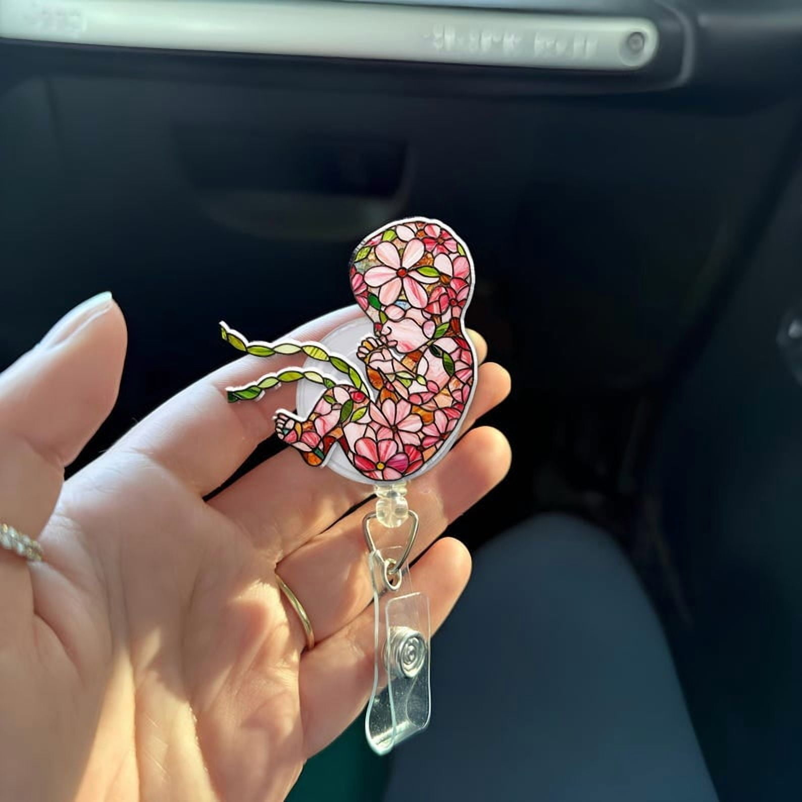 ViciArt Floral Fetus Badge Reel, Acrylic Retractable ID Holder, Pink Flower Pattern, OB Nurse Clip