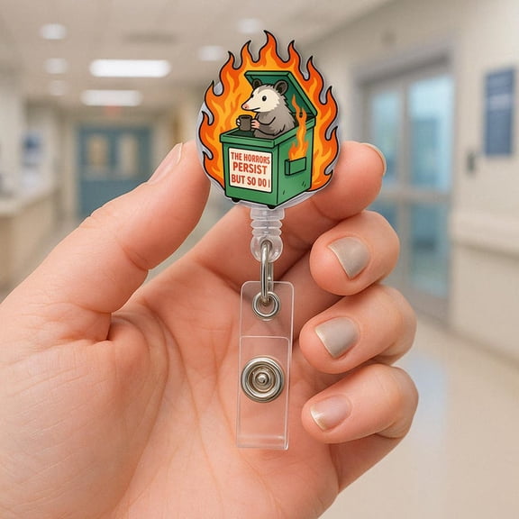 ViciArt Funny Possum Dumpster Fire Badge Reel, Acrylic Retractable ID Holder, Sarcastic Clip