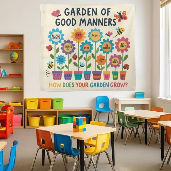 ViciArt Garden of Good Manners Classroom Tapestry – 30"x40" Polyester Kindness Wall Hanging, Positive Teacher Decor