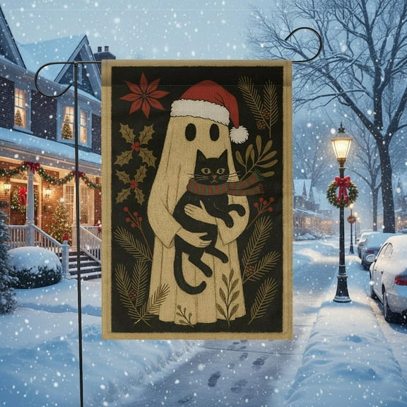 ViciArt Ghost Black Cat Christmas Garden Flag, 12" x 18" Double-Sided Polyester Gothic Holiday Decor