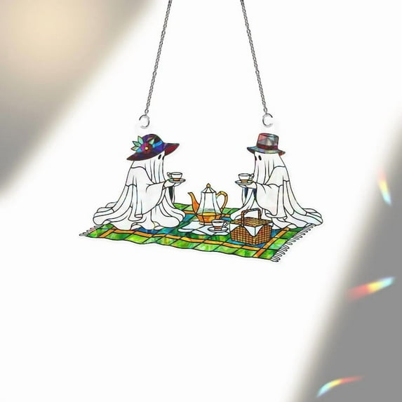 ViciArt Ghost Picnic Acrylic Window Hanging – 4" Holographic Tea Party Suncatcher Halloween Decor