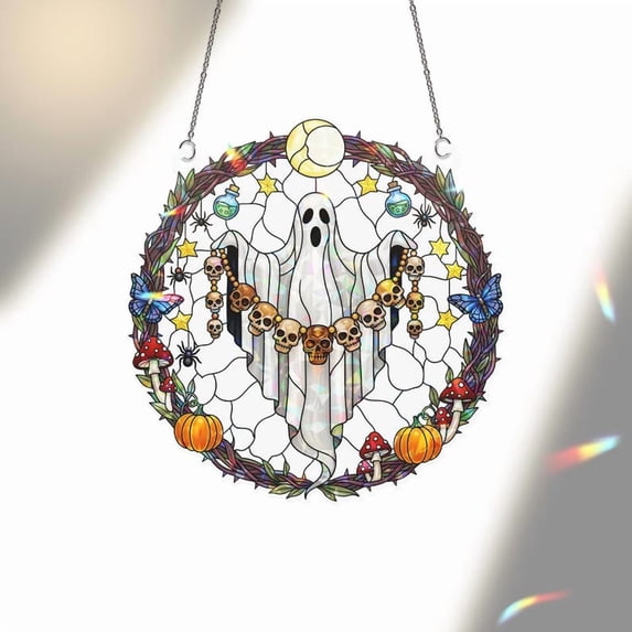 ViciArt Ghost Skull Wreath Acrylic Window Hanging – 4" Holographic Halloween Suncatcher Decor