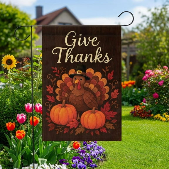 ViciArt Give Thanks Garden Flag – 12" x 18" Thanksgiving Turkey & Pumpkins Yard Flag, Outdoor Decor