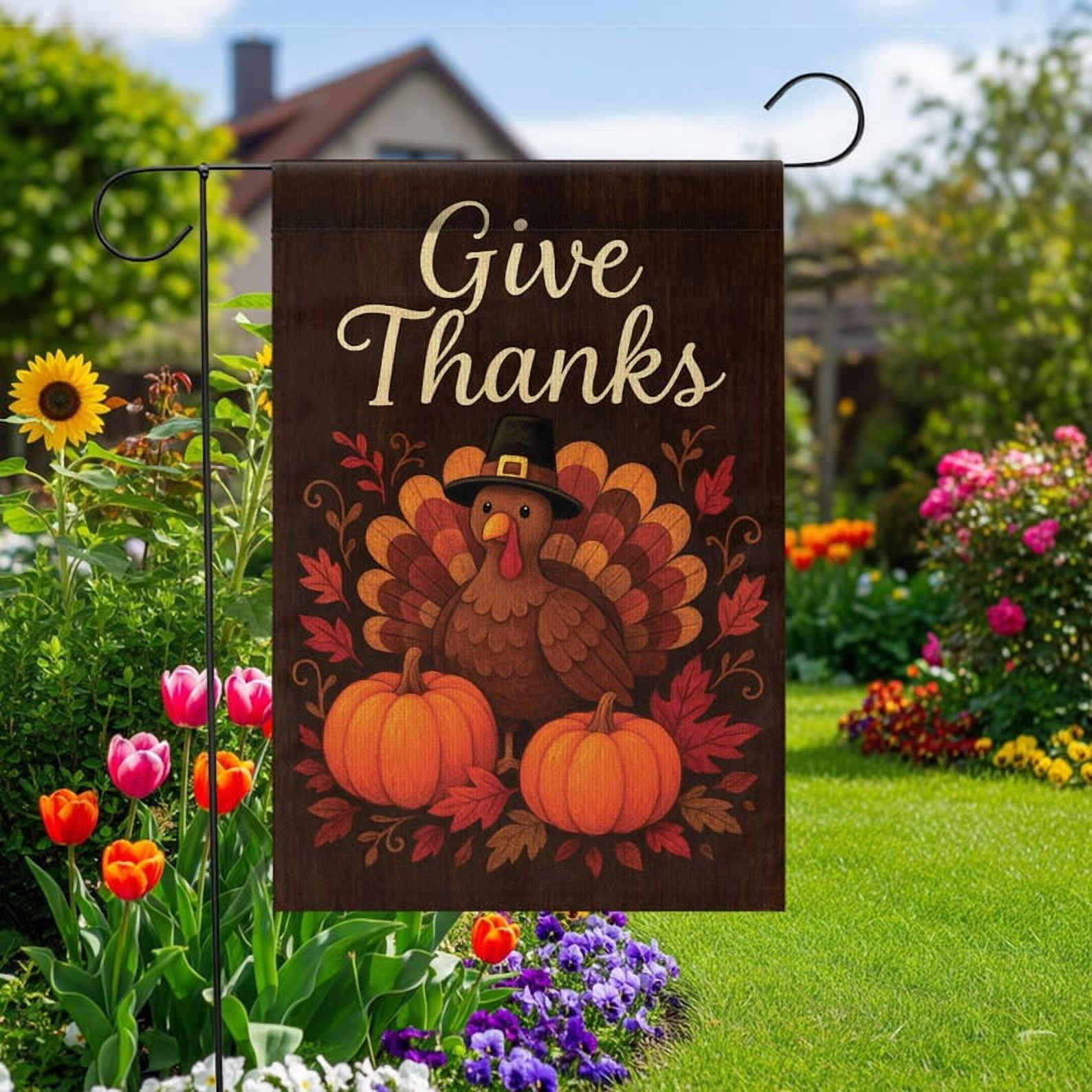ViciArt Give Thanks Garden Flag – 28" x 40" Thanksgiving Turkey & Pumpkins Yard Flag, Outdoor Decor