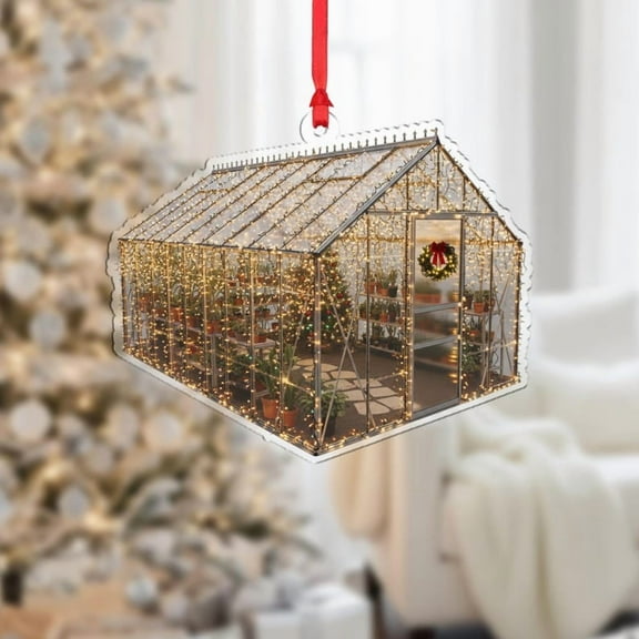 ViciArt Greenhouse Christmas Ornament, 3mm Acrylic or Wood, Holiday Lights & Plants, Tree Decoration