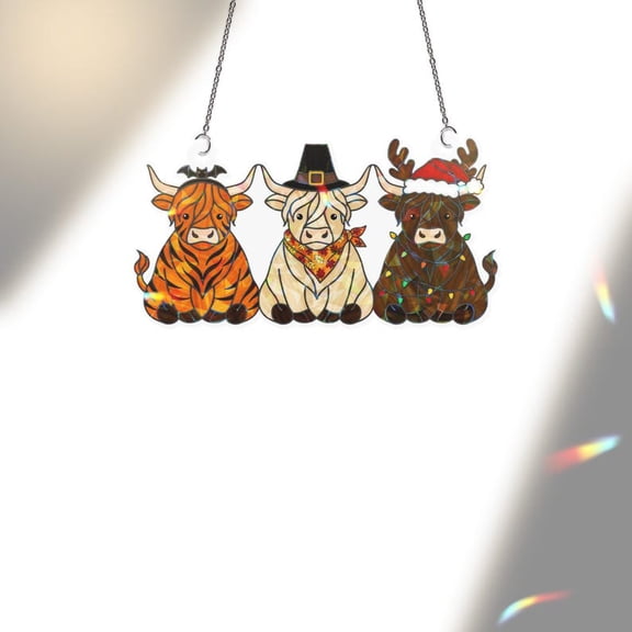 ViciArt Hallothanksmas Highland Cow Holographic Acrylic Window Hanging, 3mm Holiday Decor