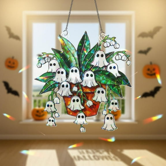 ViciArt Halloween Ghost Flower Suncatcher – 4" Acrylic Stained Glass Hanging Window Decor, Cute Lily-of-the-Valley Style Plant, Spooky Light Catcher