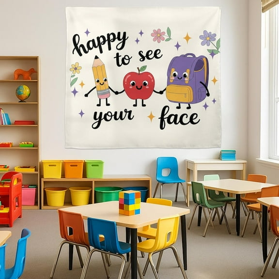 ViciArt Happy to See Your Face Classroom Tapestry – 51"x60" Polyester Back to School Wall Banner, Cute Teacher Welcome Decor