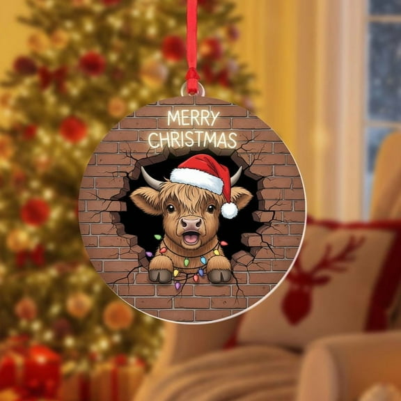 ViciArt Highland Cow Christmas Ornament – Rustic Farmhouse Holiday Hanging Decoration with Santa Hat