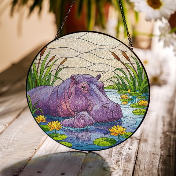ViciArt Hippo Glass Suncatcher – Mother and Baby Hippo Pond Window Hanging, Wildlife Decor, Nature Lover Gift