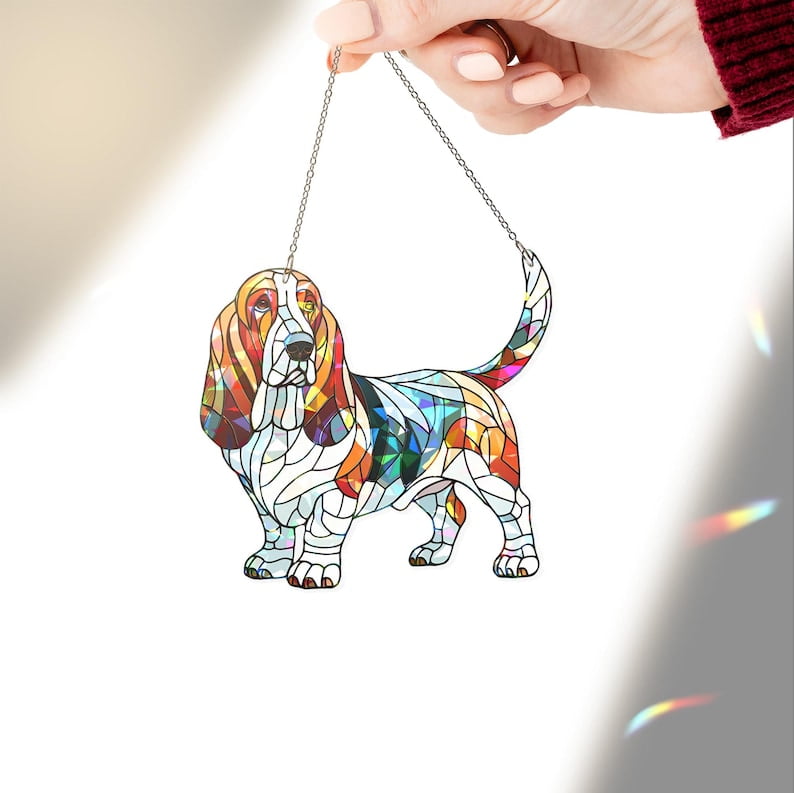 ViciArt Hologram Basset Hound Suncatcher – 6" Acrylic Dog Ornament, Colorful Window Decor, Dog Mom Gift