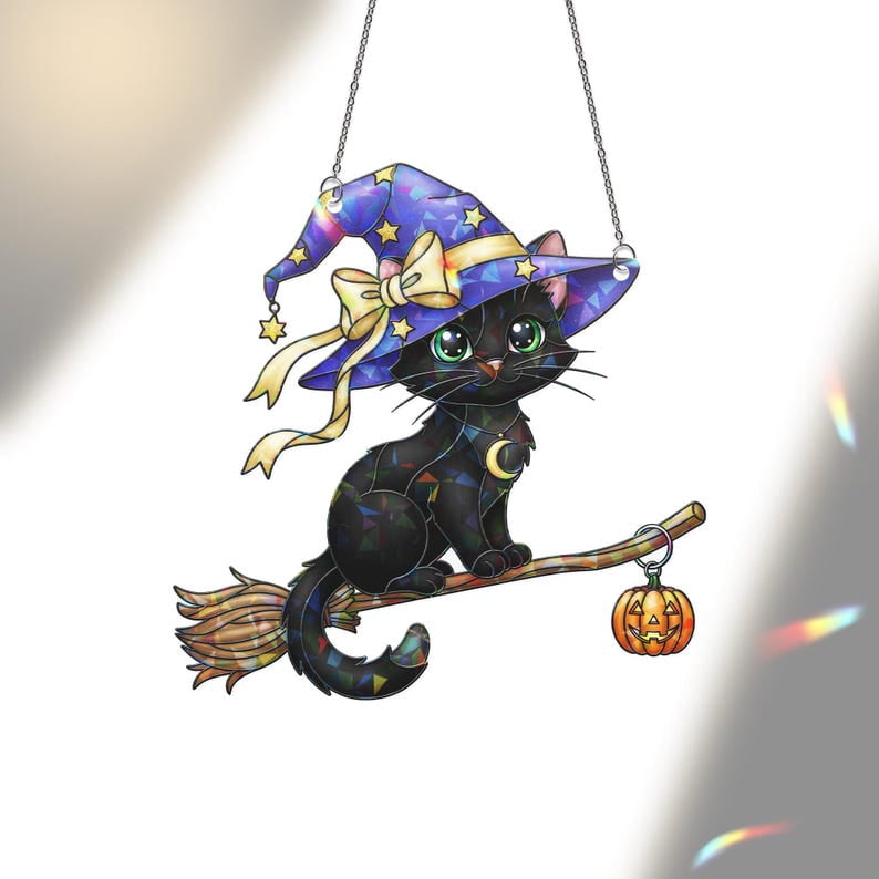 ViciArt Hologram Black Cat Suncatcher – Halloween Witch, Broom & Pumpkin Window Decor, Acrylic Hanging Ornament