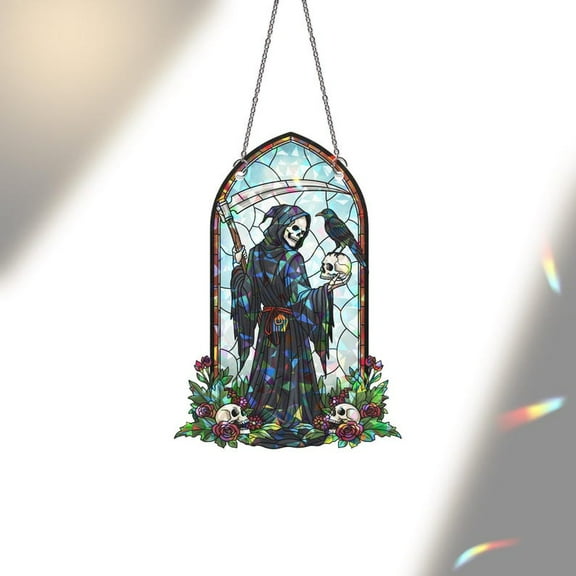 ViciArt Hologram Grim Reaper Suncatcher – Stained Glass Style, Halloween Decor with Crow and Skulls
