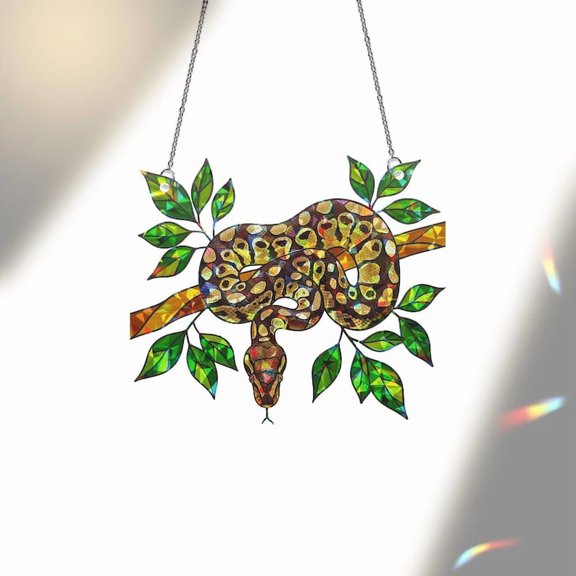 ViciArt Holographic Ball Python Acrylic Window Hanging – 12", Iridescent Reptile Decor with Leaves