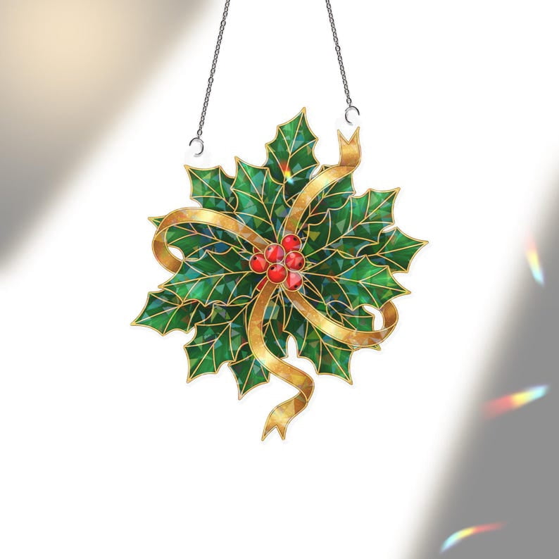 ViciArt Holographic Holly Leaves Acrylic Suncatcher – Christmas Window Hanging, Holiday Decor Ornament