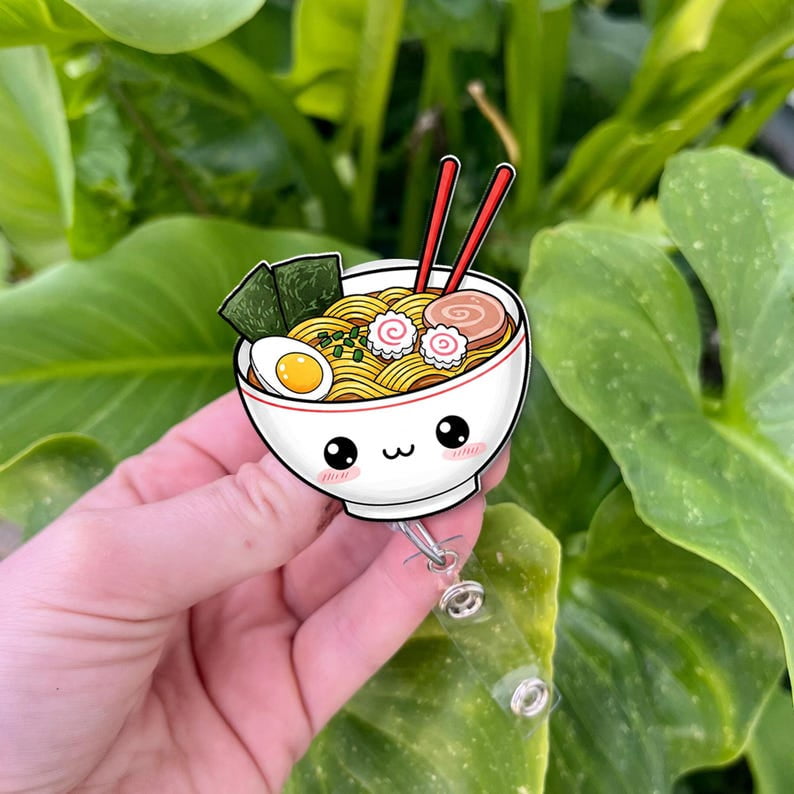 ViciArt Kawaii Ramen Badge Reel, Acrylic Retractable ID Holder, Cute Noodle Bowl Clip