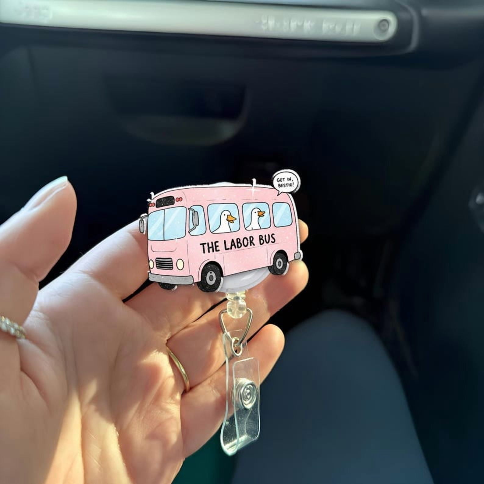 ViciArt Labor Bus Badge Reel, Acrylic Retractable ID Holder, Pink Bus L&D Nurse Midwife Clip