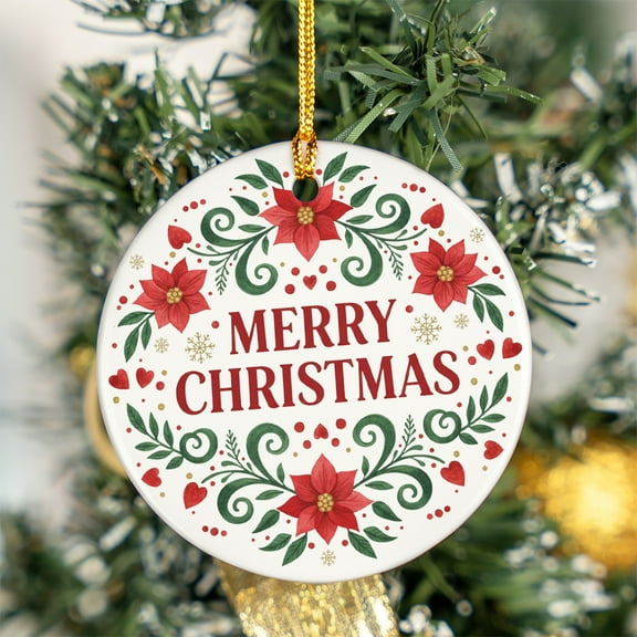 ViciArt Merry Christmas Ceramic Ornament, Holiday Poinsettia Decor, 3" Round, Winter Floral Design