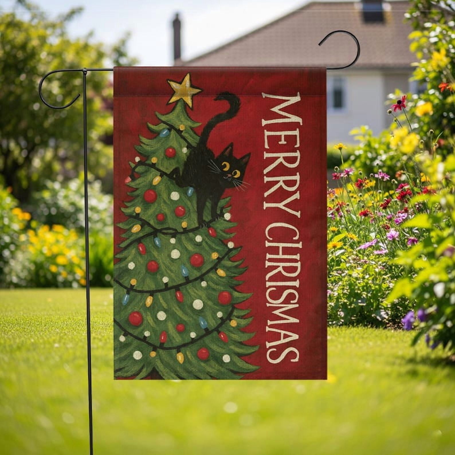ViciArt Merry Christmas Garden Flag – Cat on Christmas Tree, Polyester Yard Decor, Holiday Outdoor Decor