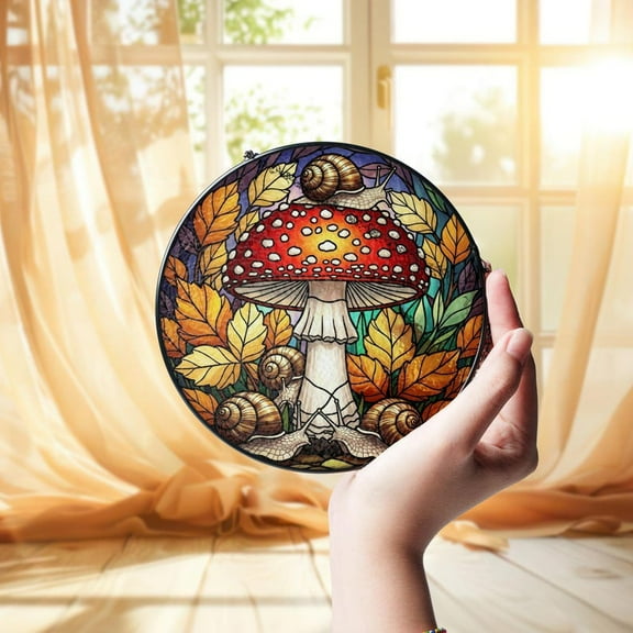 ViciArt Mushroom & Snail Glass Suncatcher – Autumn Leaves Design, Fall Window Hanging Decor