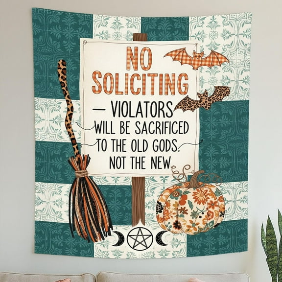 ViciArt No Soliciting Halloween Tapestry – 30"x40" Witchy Wall Hanging, Bats, Pumpkin, Pentacle, Gothic Home Decor