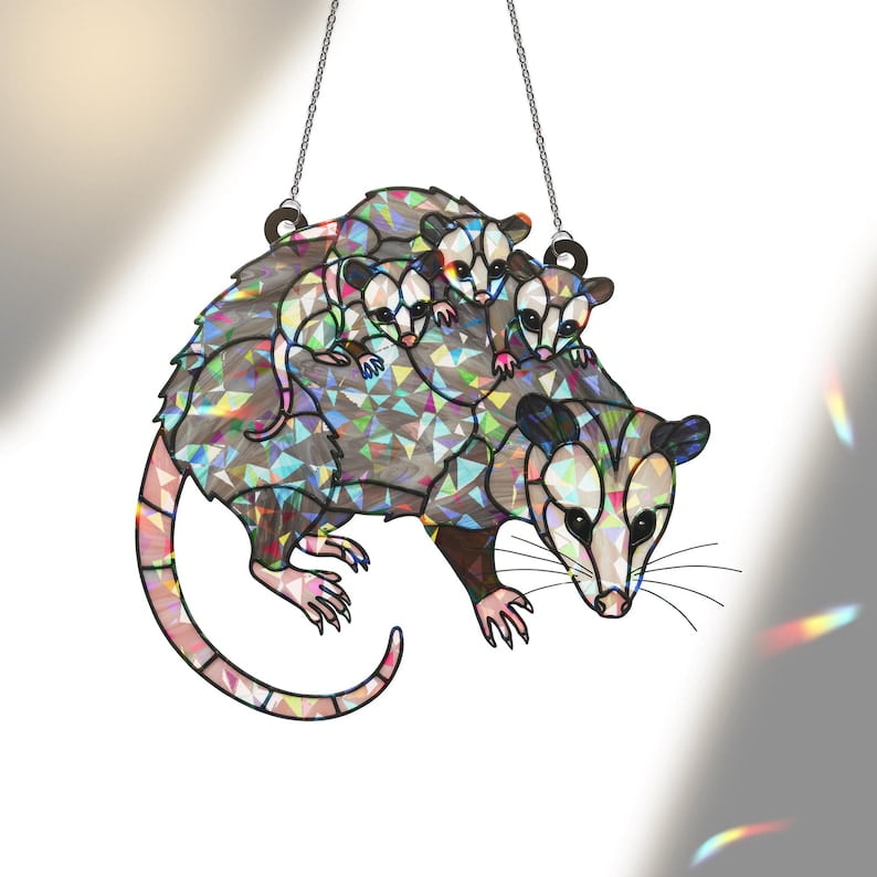 ViciArt Opossum Mom Suncatcher – Holographic Acrylic Window Decor, Animal Gift, 4" Ornament