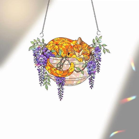 ViciArt Orange Tabby Cat Acrylic Suncatcher – 4" Holographic Window Hanging with Wisteria Flowers, Stained Glass Style Planter Décor