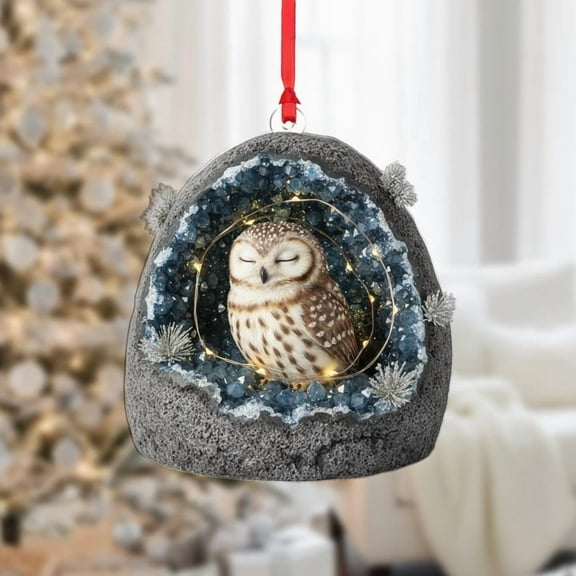 ViciArt Owl Geode Christmas Ornament, Crystal Rock Holiday Decor, Sleeping Owl with LED Lights
