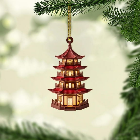 ViciArt Pagoda Christmas Ornament, Asian Architecture Holiday Decoration, Red Lantern Style