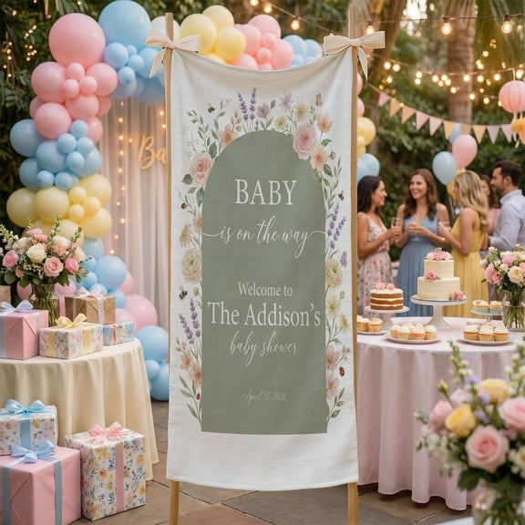 ViciArt Personalized Baby Shower Welcome Banner Linen Floral Nursery Party Decor