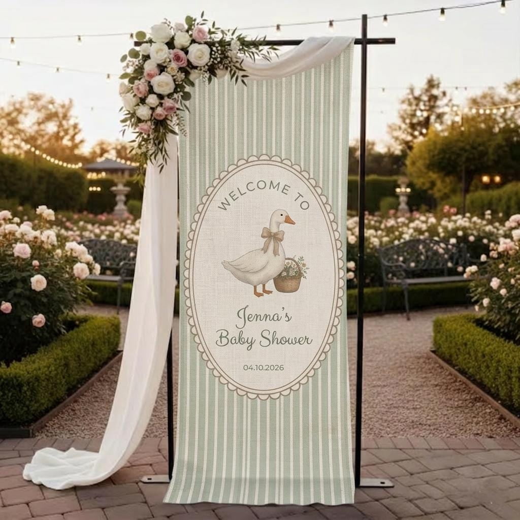 ViciArt Personalized Linen Cotton Baby Shower Banner, Custom Name Event Backdrop, Goose Illustration Design