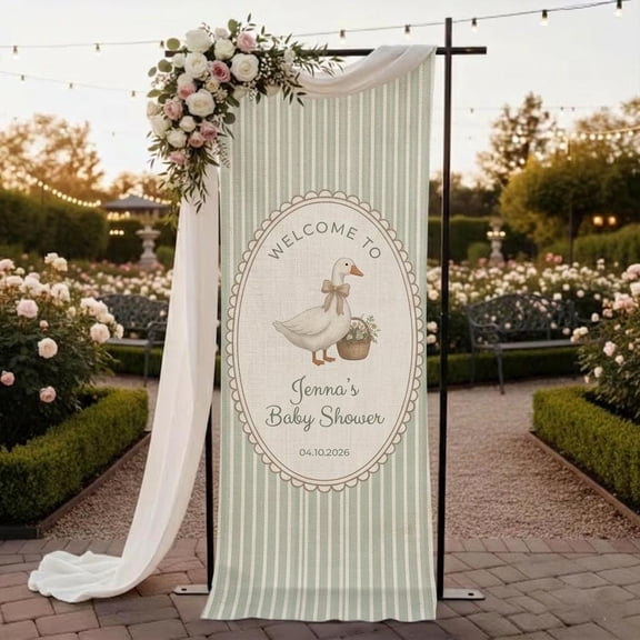 ViciArt Personalized Linen Cotton Baby Shower Banner, Custom Name Event Backdrop, Goose Illustration Design