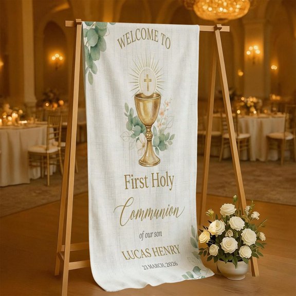 ViciArt Personalized Linen First Holy Communion Banner: Custom Name Catholic Chalice Church Ceremony Tapestry