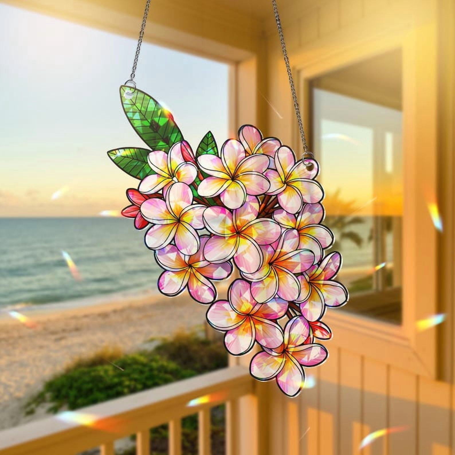 ViciArt Plumeria Holographic Suncatcher – 12" Acrylic Window Hanging, Tropical Floral Decor