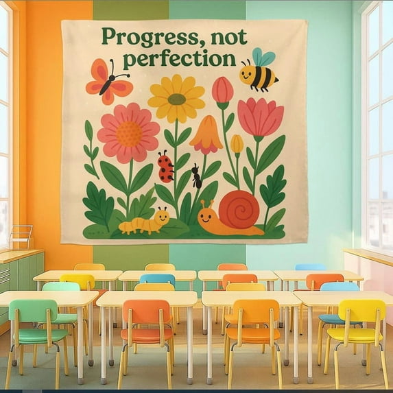 ViciArt Progress Not Perfection Tapestry, 60x80 in, Multicolor Polyester Wall Hanging, Motivational Classroom & Therapy Decor