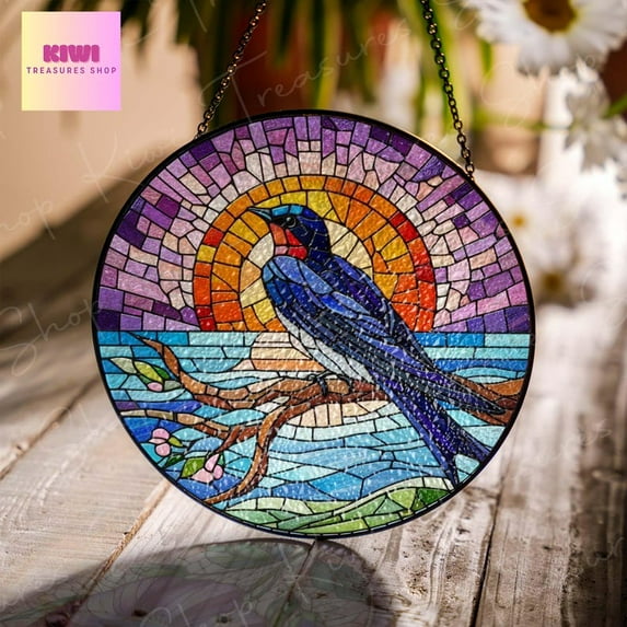 ViciArt Purple Martin Bird Suncatcher, Glass Hanging, Sunset Landscape, Nature Window Decor