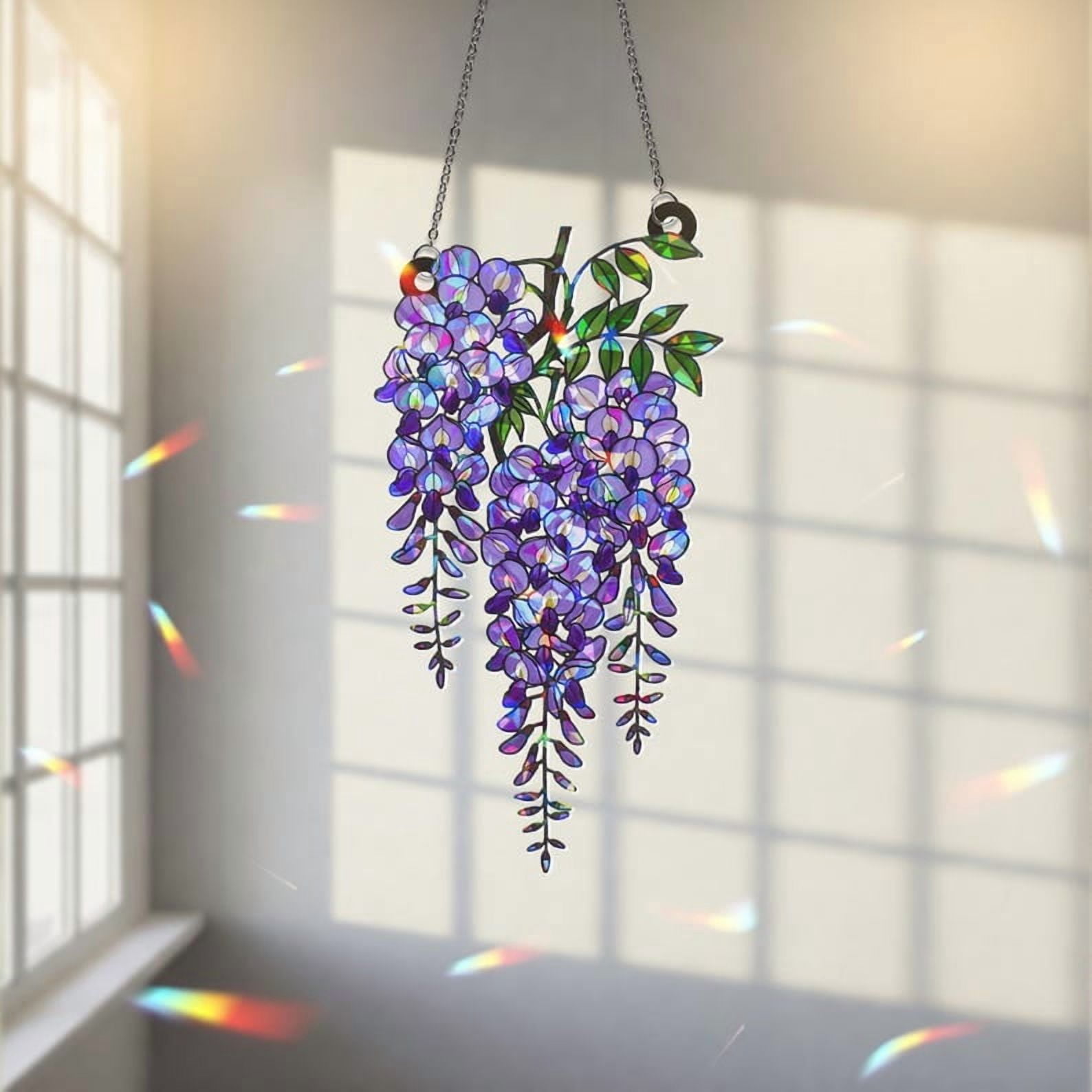 ViciArt Purple Wisteria Acrylic Suncatcher – 9" Hanging Window Decor, Stained Glass Style, Holographic Floral Ornament with Chain for Sunlight Prism Effect