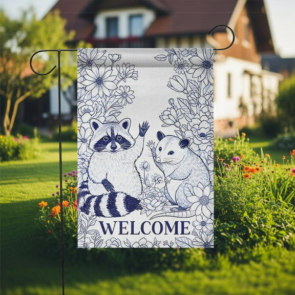 ViciArt Raccoon & Possum Welcome Garden Flag – 12”x18” Blue White Floral Outdoor Yard Decor, Woodland Animal Sign