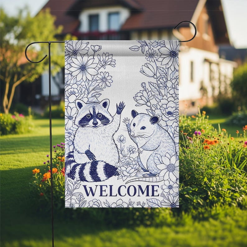 ViciArt Raccoon & Possum Welcome Garden Flag – 28”x40” Blue White Floral Outdoor Yard Decor, Woodland Animal Sign