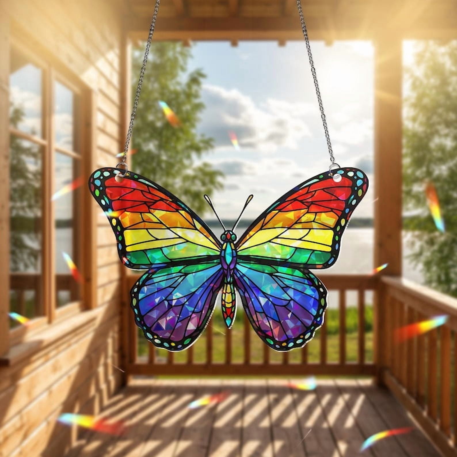 ViciArt Rainbow Butterfly Acrylic Suncatcher, 12” Holographic Window Hanging, Pride Butterfly Decor