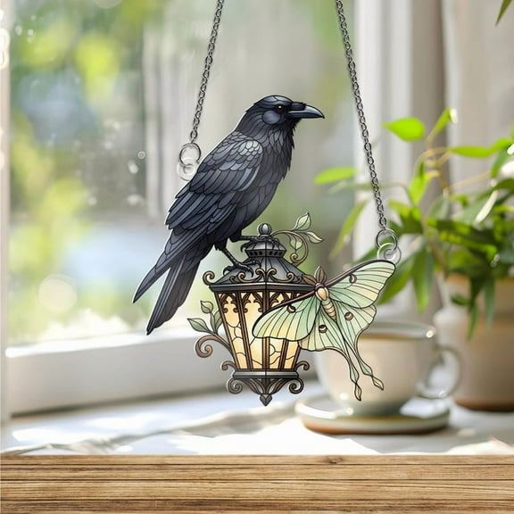 ViciArt Raven & Luna Moth Acrylic Window Hanging – 4" Faux Stained Glass Gothic Suncatcher Decor